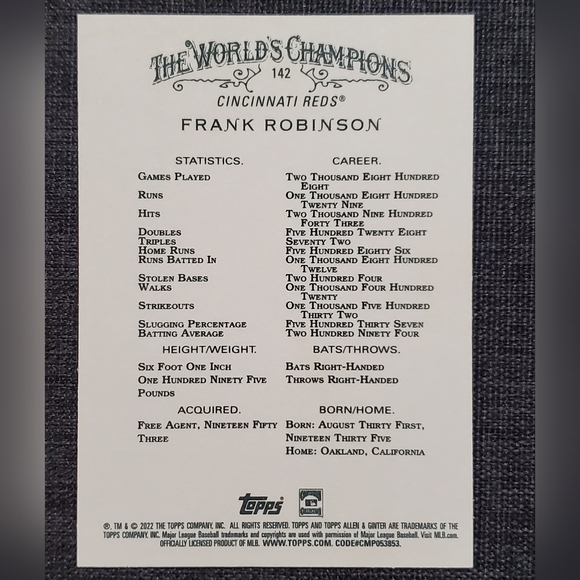 Topps Allen & Ginter The World's Champions Frank Robinson Card #142 - Picture 2 of 2